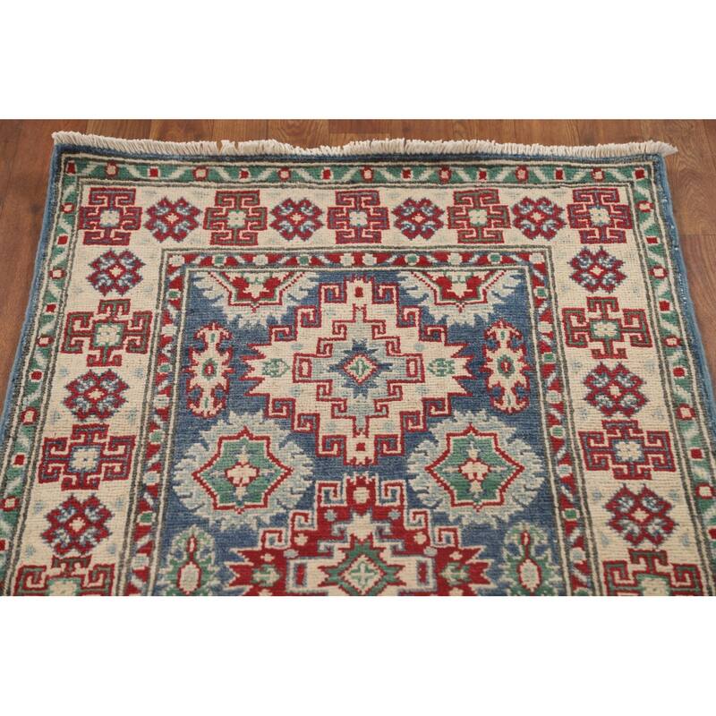 Geometric Kazak Runner Rug Hand-Knotted Blue Wool Carpet - 2'6" x 12'8"