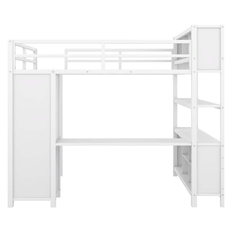 Full Size Metal Loft Bed with Wardrobe And L-shaped Desk, Storage Cubes and Shelves for Kids, Teens, Adults