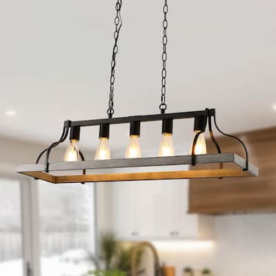 YANSUN 5-Light Wooden Frame Island Pendant, Gray Wood Hand-Painted Finish, Metal and Wood Construction for Rustic Lighting