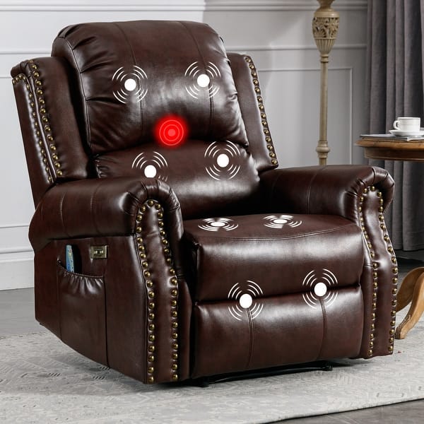 slide 2 of 16, Power Recliner Chair with Massage and Heat, Faux Leather Electric Recliner with USB Port for Living Room Red Brown