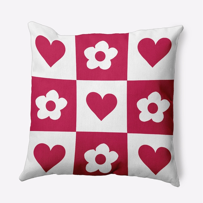 Heart And Flowers Grid Valentines Day Decorative Throw Pillow - 16" x 16" - Bold Pink