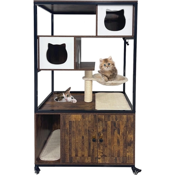 Hidden Litter Box Furniture, Wooden Cat Tree with Litter Box