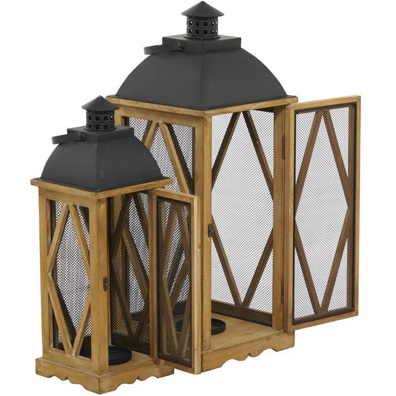 Santa Barbara Natural Wood Square Lanterns Set of 2-pieces