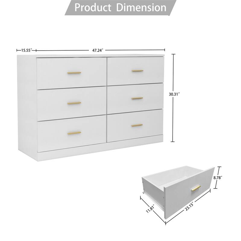 White 6-Drawer Dresser, Ample Storage Wide Chest of Drawers, Sturdy