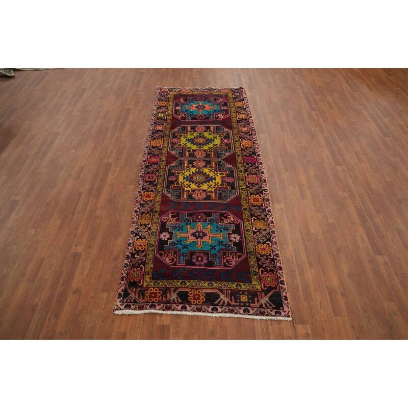 Hand Knotted Oriental 100% Wool Carpet Traditional Geometric Red Heriz Runner Rug - 9' 7'' X 3' 8''
