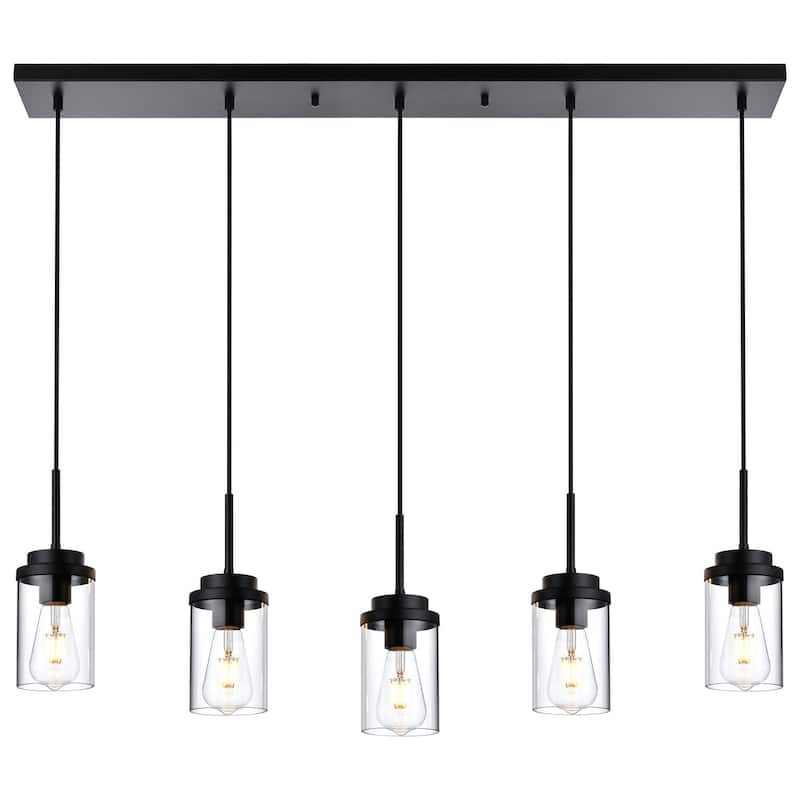 5 Lights Kitchen Island Lighting Linear Chandeliers, Industrial Pendant Light Fixtures Ceiling Hanging with Clear Glass Shade - Black