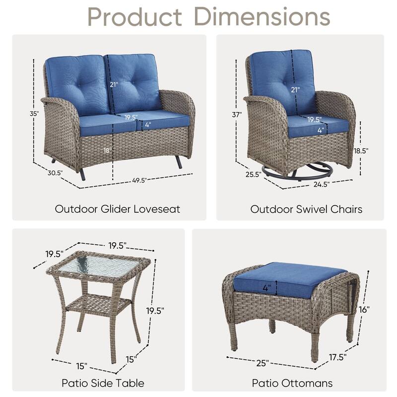 Outdoor Glider Sofa with Swivel Chairs Ottoamns