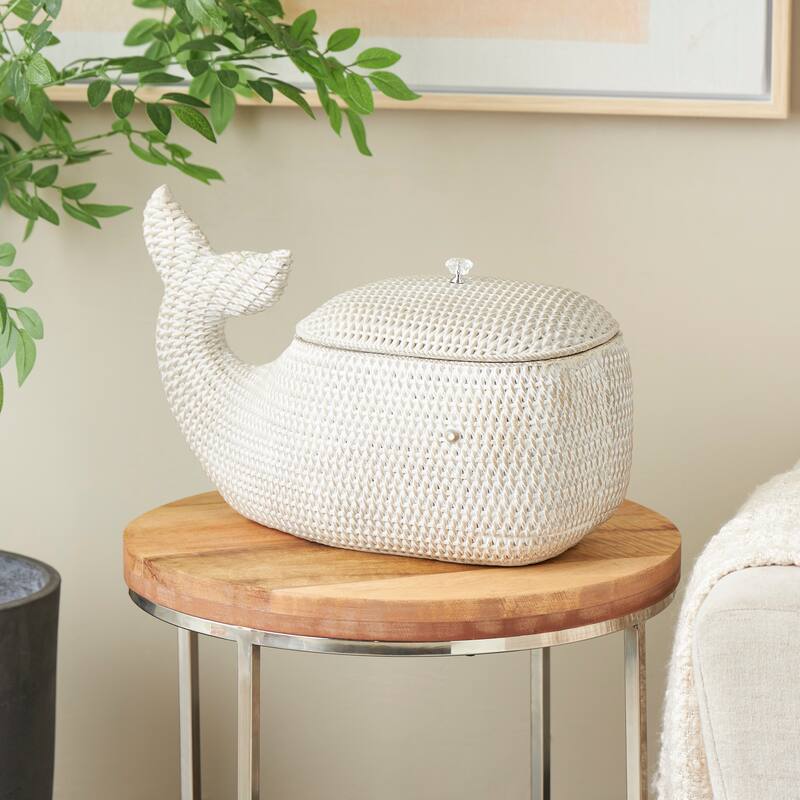 Cream Resin Woven Inspired Storage Whale Box with Clear Knob
