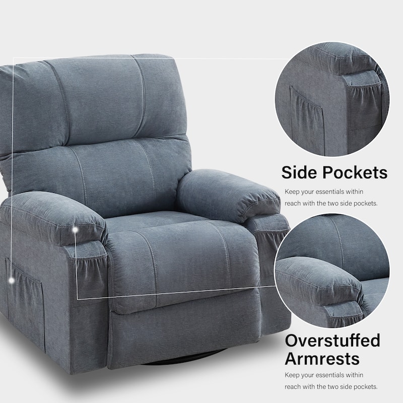 360° Rotating Recliner Chair with Adjustable Backrest, Swivel Rocking Armchair with Footrest, Soft Cushions & Side Pockets