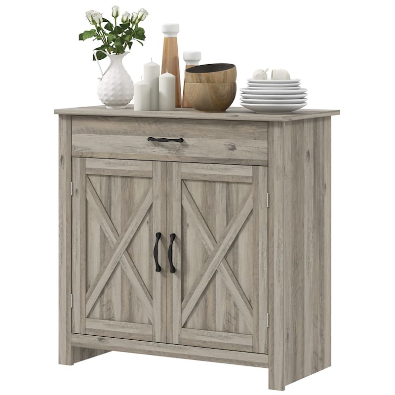 Farmhouse Sideboard Buffet Cabinet, Barn Door Coffee Bar Cabinet with Drawer and Adjustable Shelf, Kitchen Cabinet