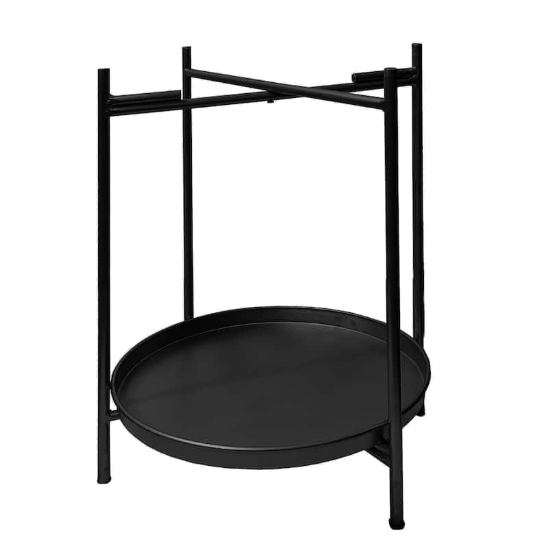 Vica 15 Inch Modern Side End Table, Metal Round Tray Top Foldable Legs, Black