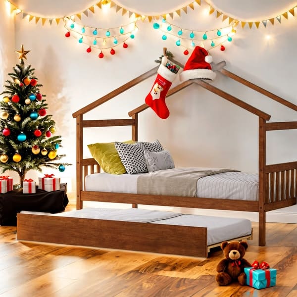slide 2 of 12, Twin Size Wooden House Bed Platform Bed with Twin Size Trundle and Solid Construction