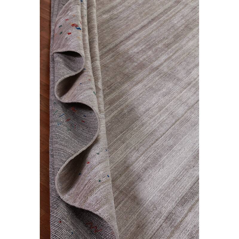 Hand Knotted Oriental Viscose Silk Carpet Tribal Stripe Greys & Charcoal Gabbeh Area Rug - 12' 5'' X 9' 3''