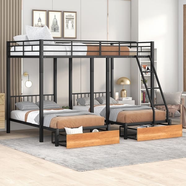 slide 2 of 6, Full over Twin & Twin Bunk Bed, Metal Triple Bunk with Drawers & Guardrails Black