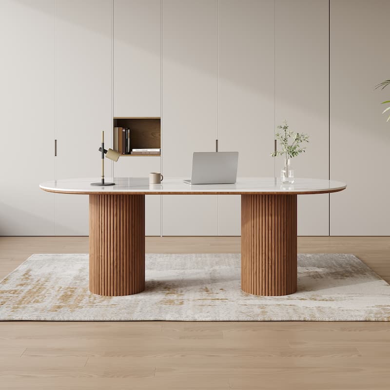 71" Modern Oval Writing Desk,Glossy White Office Table,with Double Solid Wood Legs, 3 Colors Optional