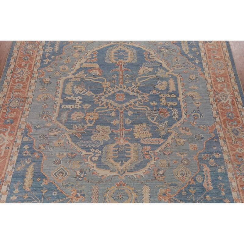 Hand Knotted Oriental 100% Wool Carpet Transitional Medallion Navy Blue & Blues Oushak Area Rug - 14' 6'' X 10' 0''