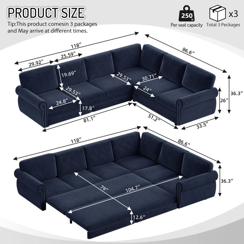 L-Shaped Sectional Sofa with Pull-Out Bed, Oversize Convertible Sleeper Sofa with Rolled Arms, Chenille Upholstery