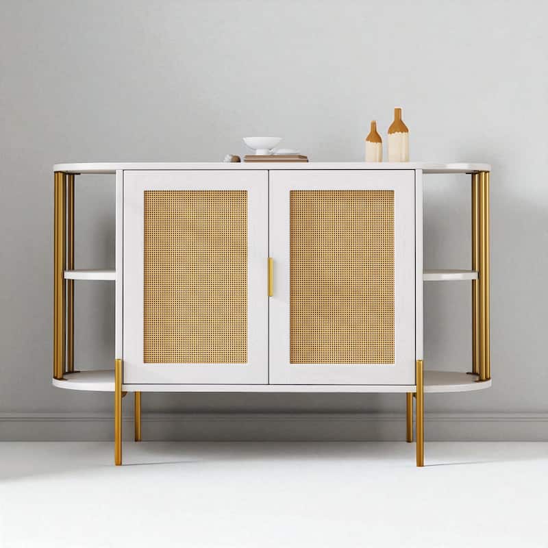 Elegant 2-Door Side Cabinet with Gold Trim and Woven Rattan Doors, Adjustable Shelves - 47.2" - White