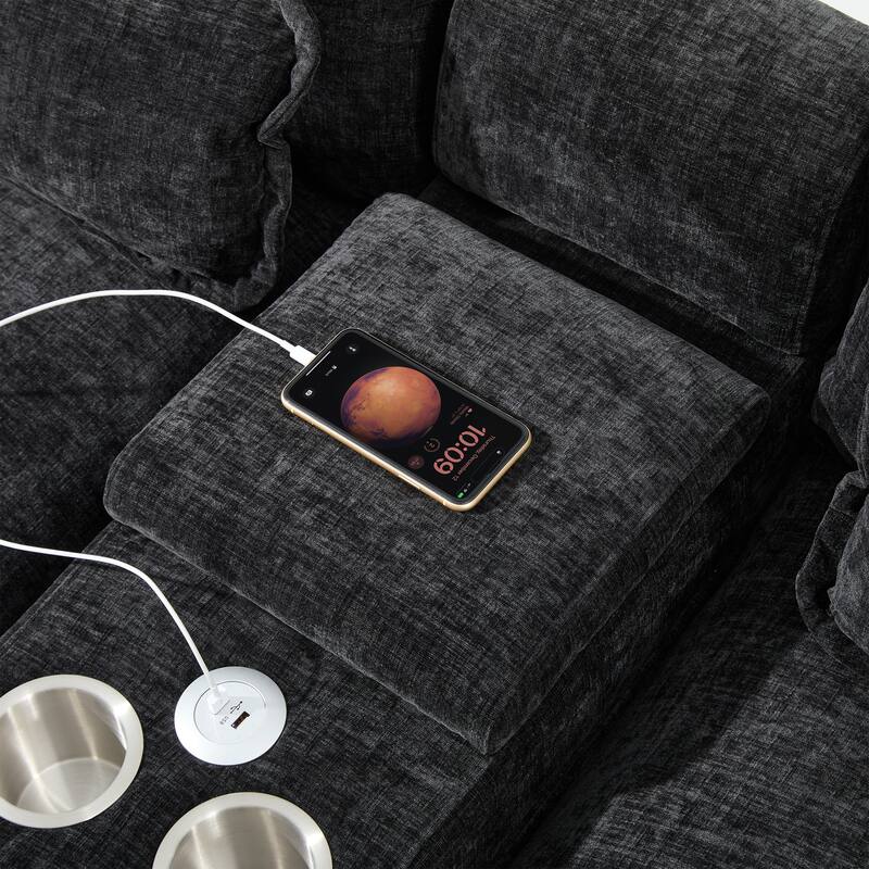 123" Chenille U-Shaped Sectional Sofa with Console & USB Charger