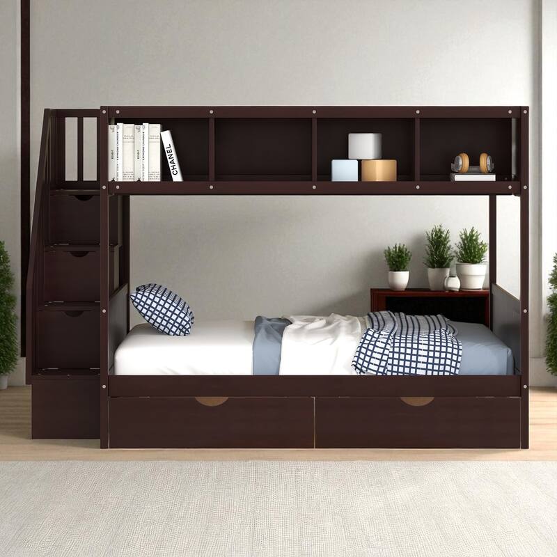 Twin Over Full Bunk Bed with Storage Staircase, Shelves and 2 Drawers, Solid Wood Frame for Kids