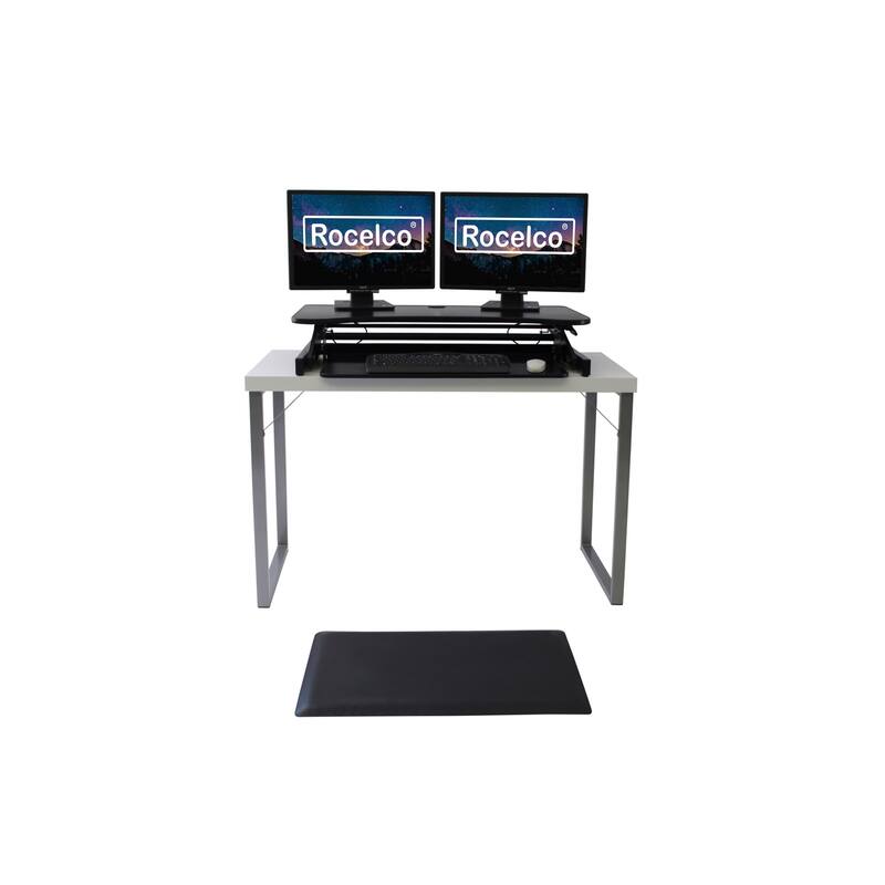 Rocelco 37.5 in. W Black Height Adjustable Standing Desk Converter with Anti Fatigue Mat and Dual Monitor Riser Platform