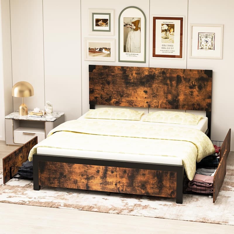 Bed Frame with with Wood Headboard - Brown - Queen