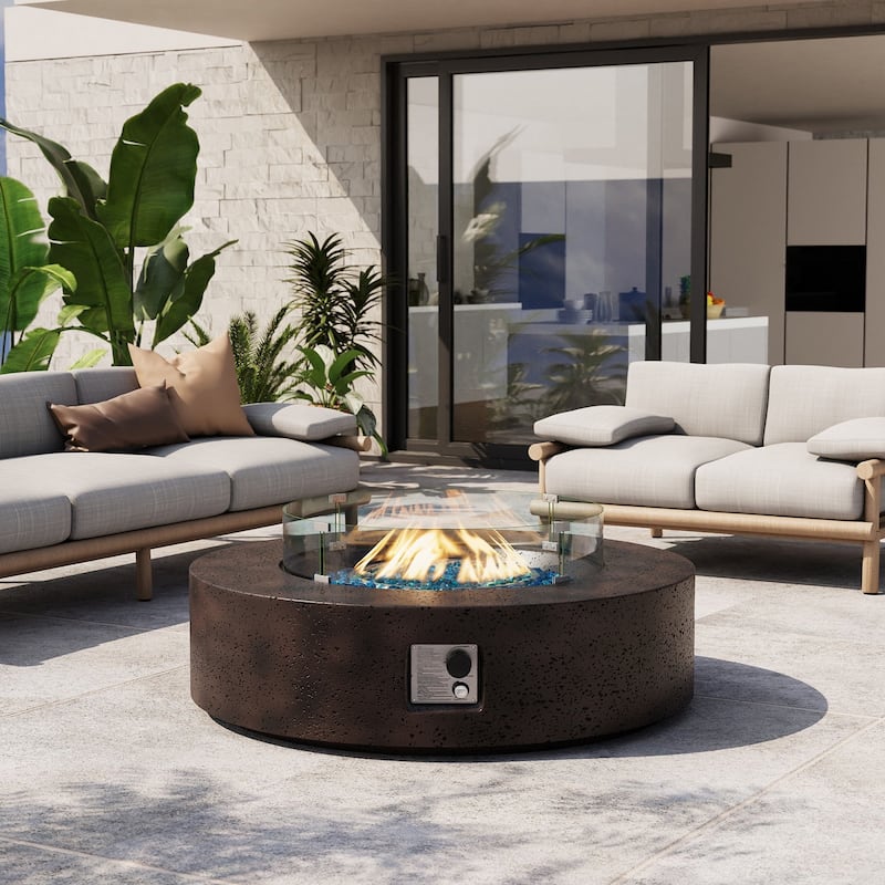 SUNBURY 42''Round Propane Fire Pit w Wind Guard and Fire Glass - Dark Brown+Aqua Blue Fire Glass