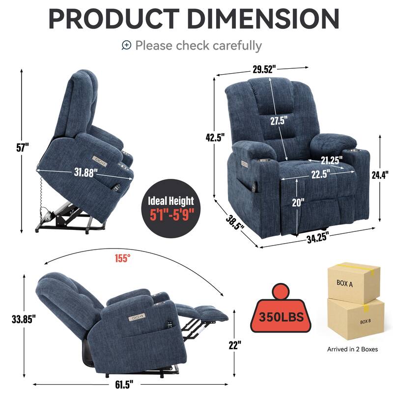 Chenille Power Lift Recliner Chair with Heated Vibration Massage, Adjustable Heavy Duty Reclining Sofa with USB Charge Port - Blue