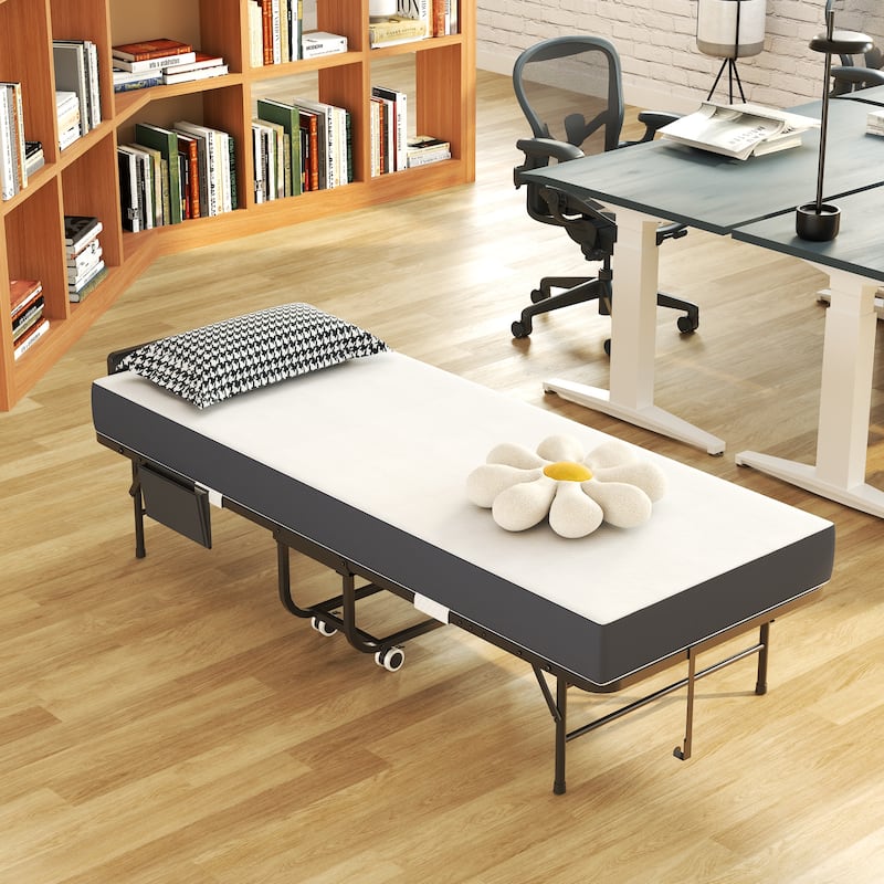 75" Folding Bed with Adjustable Headboard & 5" Memory Foam, Space Saving Rollaway Guest Bed for Tall People, Twin Cot on Wheels