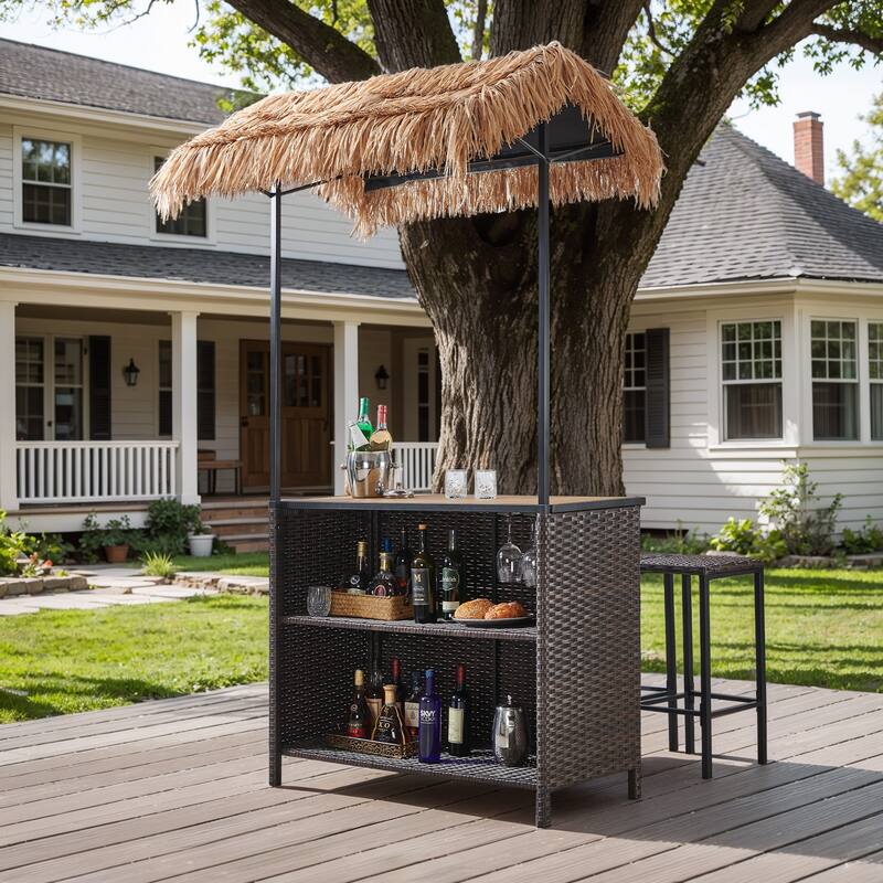 Pocassy Outdoor Tiki Bar Patio Set with 2 Stools Storage for Garden