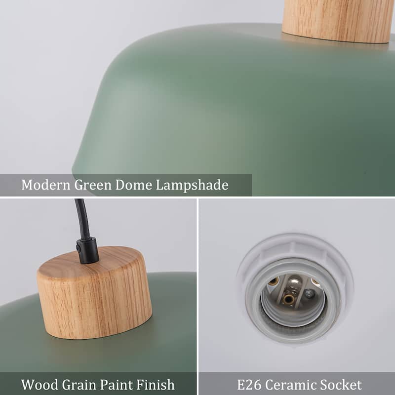 Modern 1-Light Green Dome Pendant Light with Decorative Wood Accent