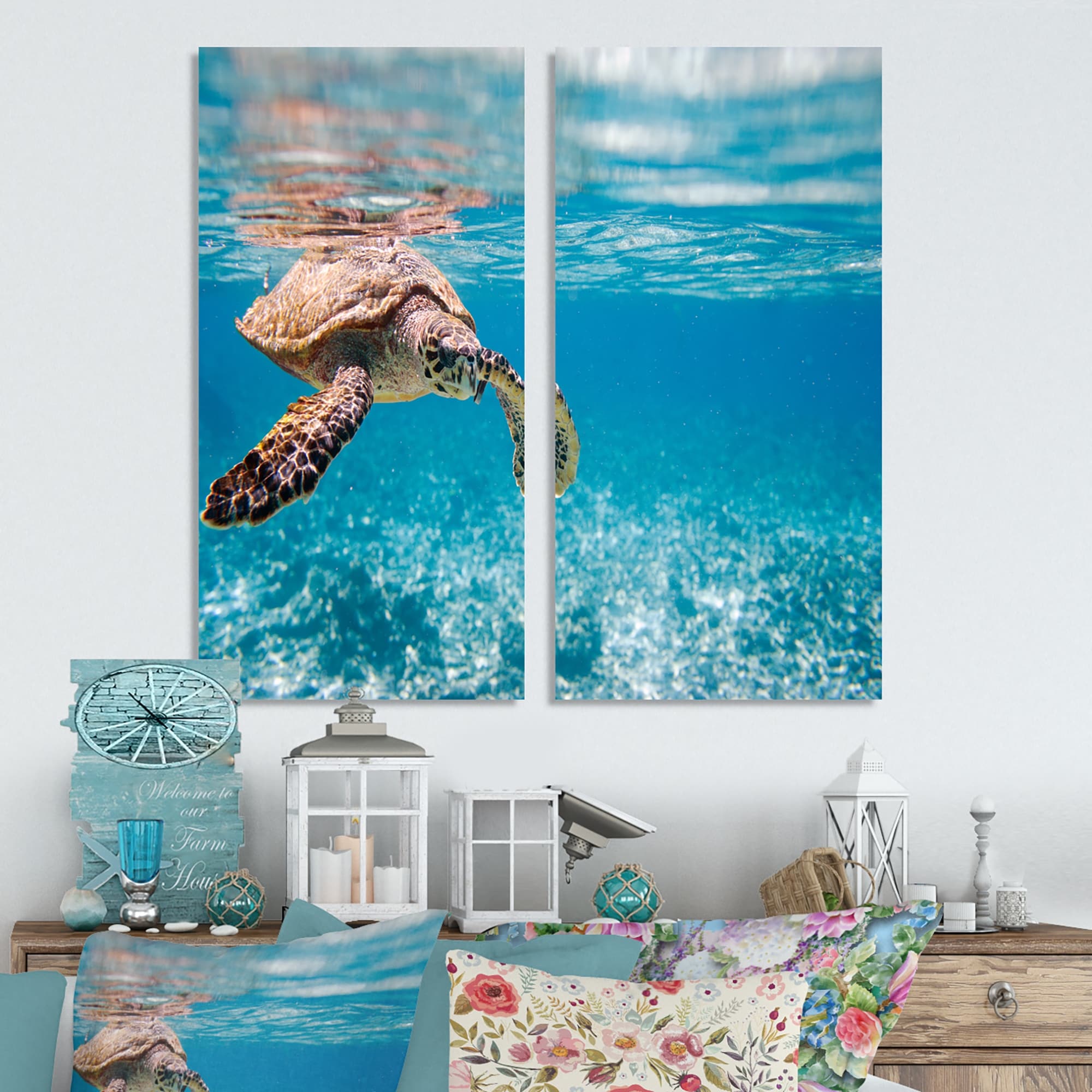 Designart Large Hawksbill Sea Turtle Abstract Canvas Wall Art Print 2  Piece Set