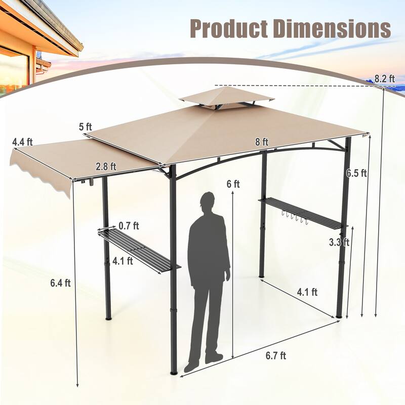 11 x 5 Feet Outdoor BBQ Shelter with Vented Canopy and Side Awning Hanging Hooks and Metal Frame Base