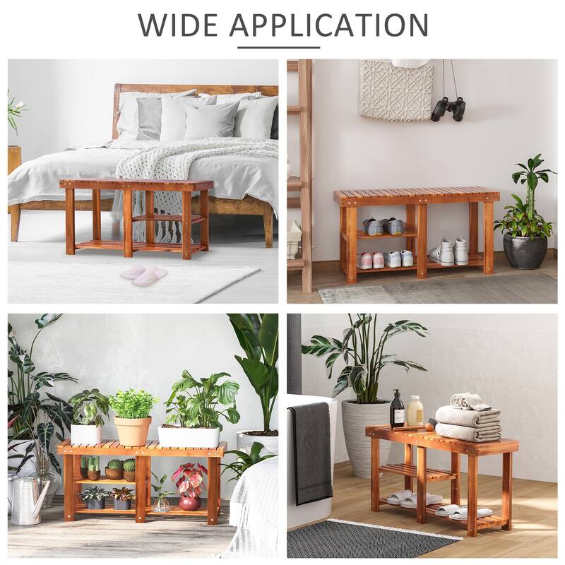 Shoe Rack Bench, Acacia Wood Shoe Organizer, Rustic Entryway Bench with Storage Shelves