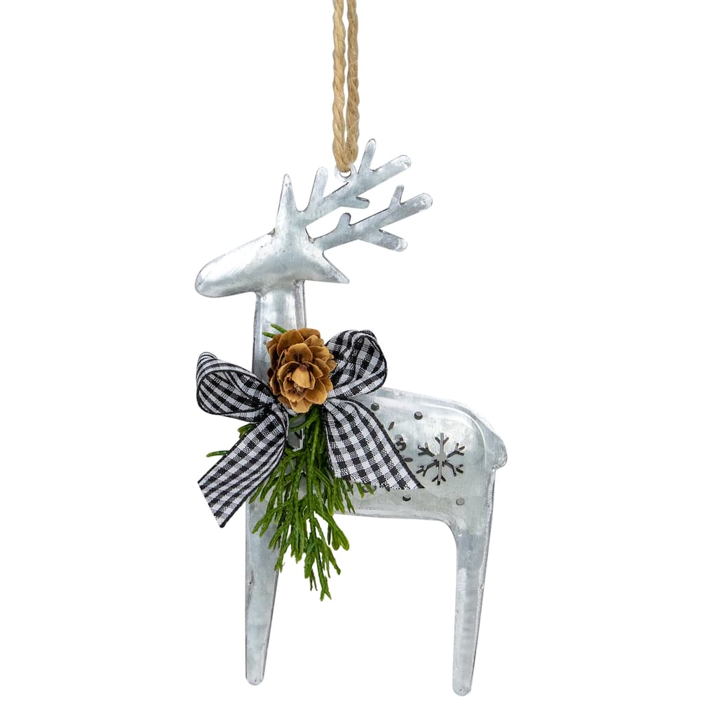 6.25" Silver Metal Reindeer Ornament a Black Gingham Bowtie Pine