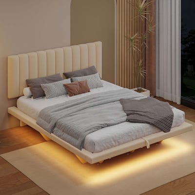 Queen Size Upholstered Floating Bed with LED Light and USB Port