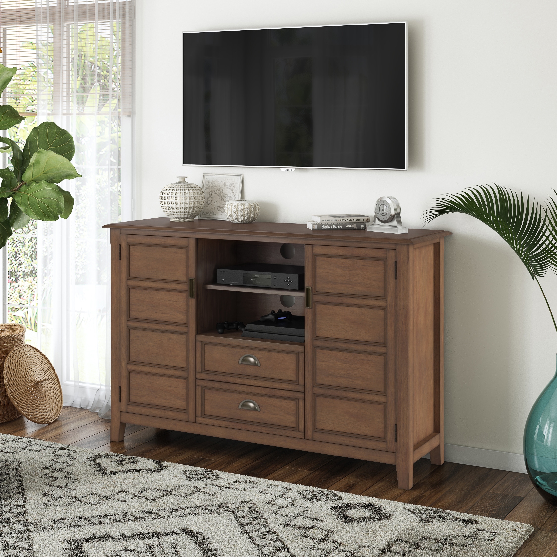 WYNDENHALL Portland SOLID WOOD 54 inch Wide Transitional TV Media Stand For TVs up to 60 inches - 54"w x 17.5"d x 36" h
