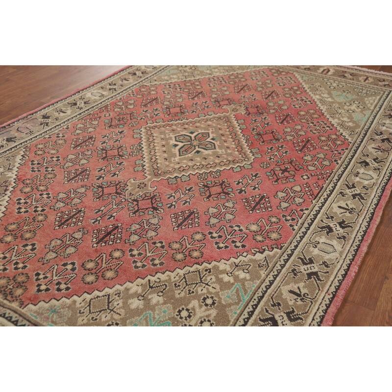 Pink Geometric Joshaghan Persian Vintage Area Rug Handmade Wool Carpet - 4'6" x 7'4"