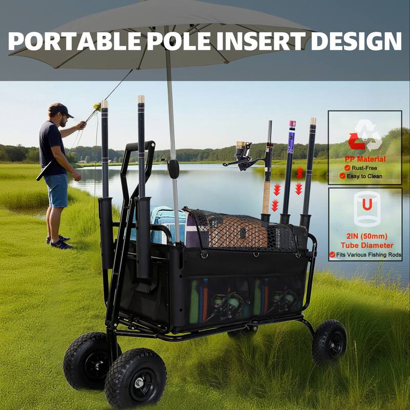 Fishing Cart Beach Cart Collapsible Wagon w/11'' All-Terrain Wheels for Sand, Heavy Duty Garden Cart with Rod Holders