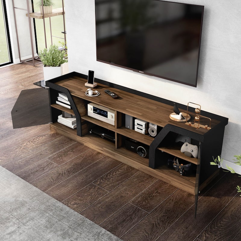 DH BASIC Modern Light Hickory 71-inch Multi-Storage TV Console with Black Tint Glass Cabinets by Denhour