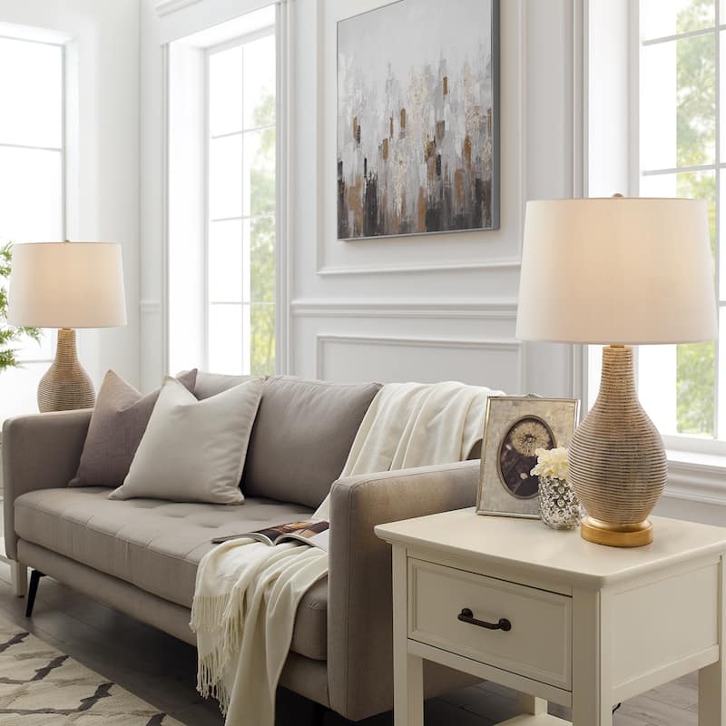 24.5-inch Washed Beige/Gold Farmhouse Table Lamp with White Linen Shade (Set of 2) - 24.5" H