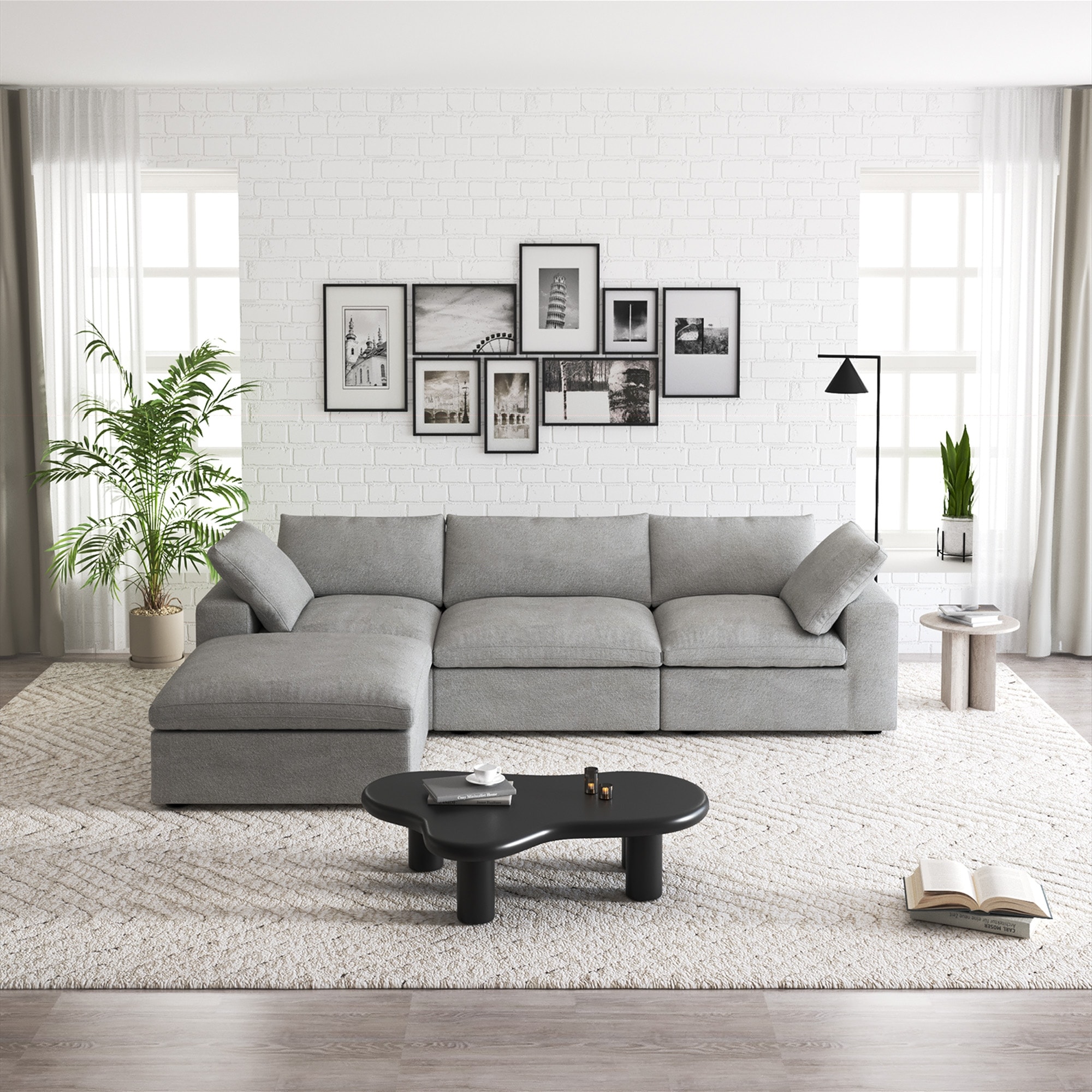 Down Filled L-shape 4 Piece Modular Sectional Couch with Storage Ottoman