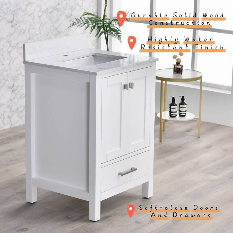 Prismatica 24 in. White Vanity with Countertop & Splash, Single Sink