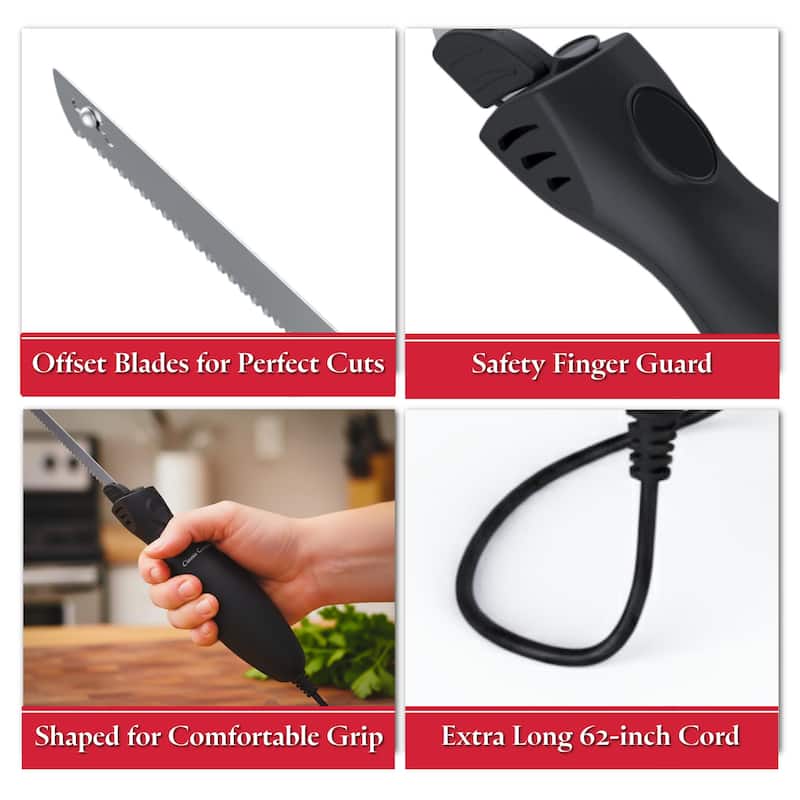 Electric Carving Knife - 8-Inch Serrated Stainless-Steel Blade Cutter with Comfort Grip Handle by Classic Cuisine (Black)