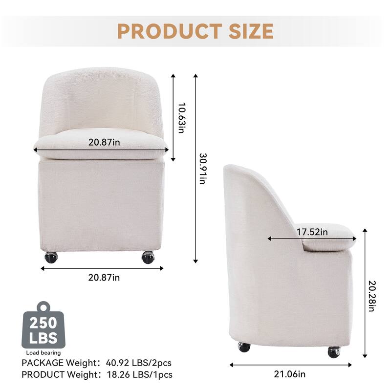 2PCS Soft Chenille Upholstered Dining Chairs, 360° Revolving with Wheels, Modern Design