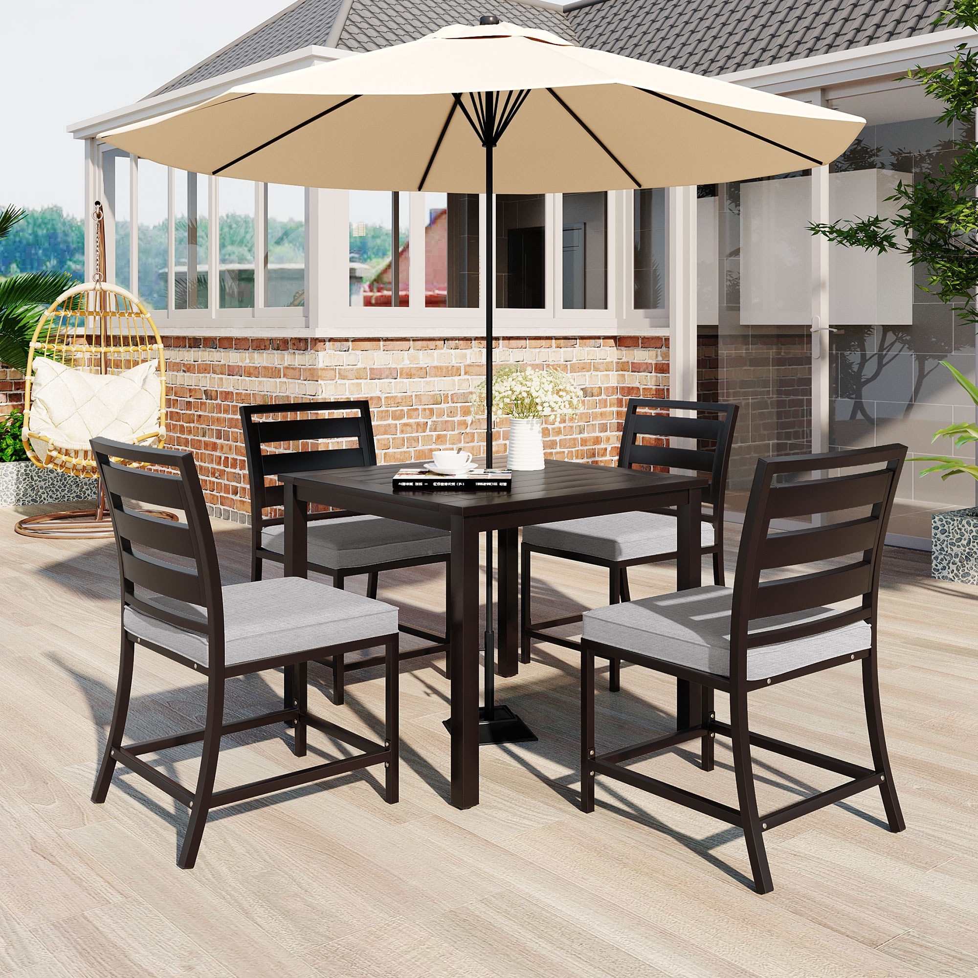 4 seater patio set with umbrella Sophia & William 5 Pieces Dining for People, Square Metal Patio Table and Rattan Chairs, 4 People Patio Table Set 1.57" The 18 gauge steel frame of the patio table features metal screw construction that holds up to 300 Lbs 6-Piece Metal Patio Dining Set