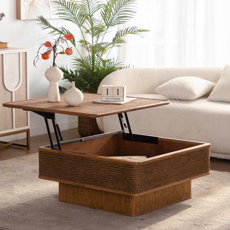 31.52" Square Rattan Rope Coffee Table With Adjustable Storage