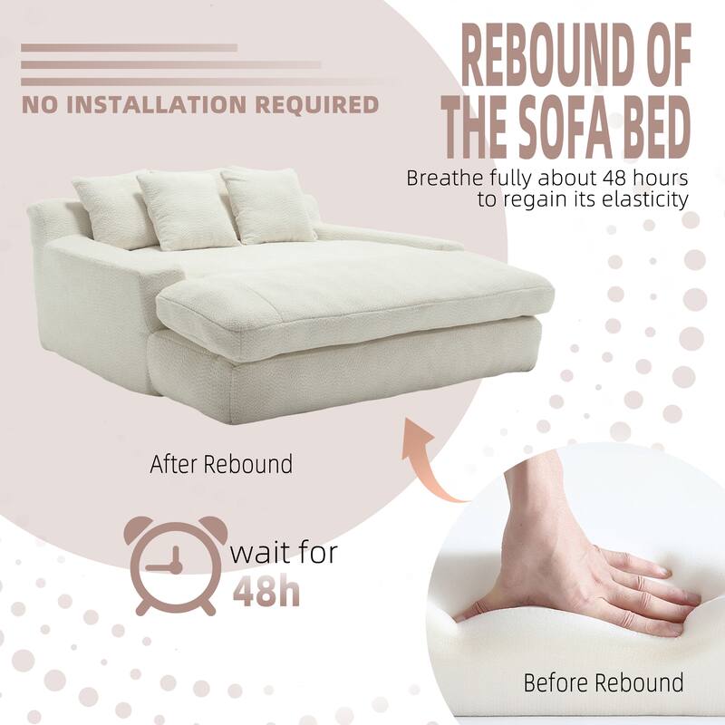 2-seater Lazy Sofa Bed with 5 Back Pillows, White Chenille for Living Room