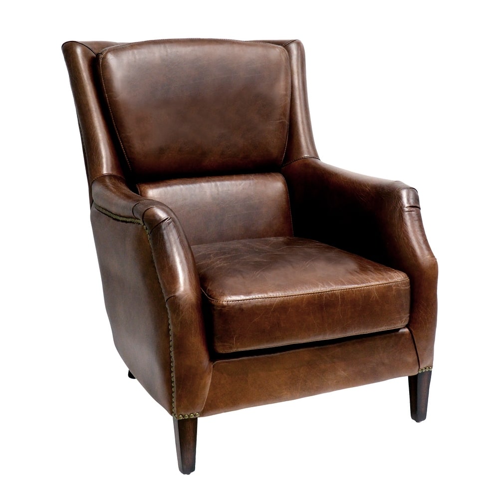 Pasargad Home Vicenza Top Grain Leather Wing Chair, Brown - W31.5"xD37.4"XH39"