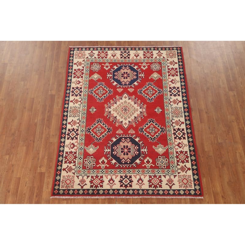Geometric Kazak Area Rug Handmade Red Wool Carpet - 5'1" x 6'8"